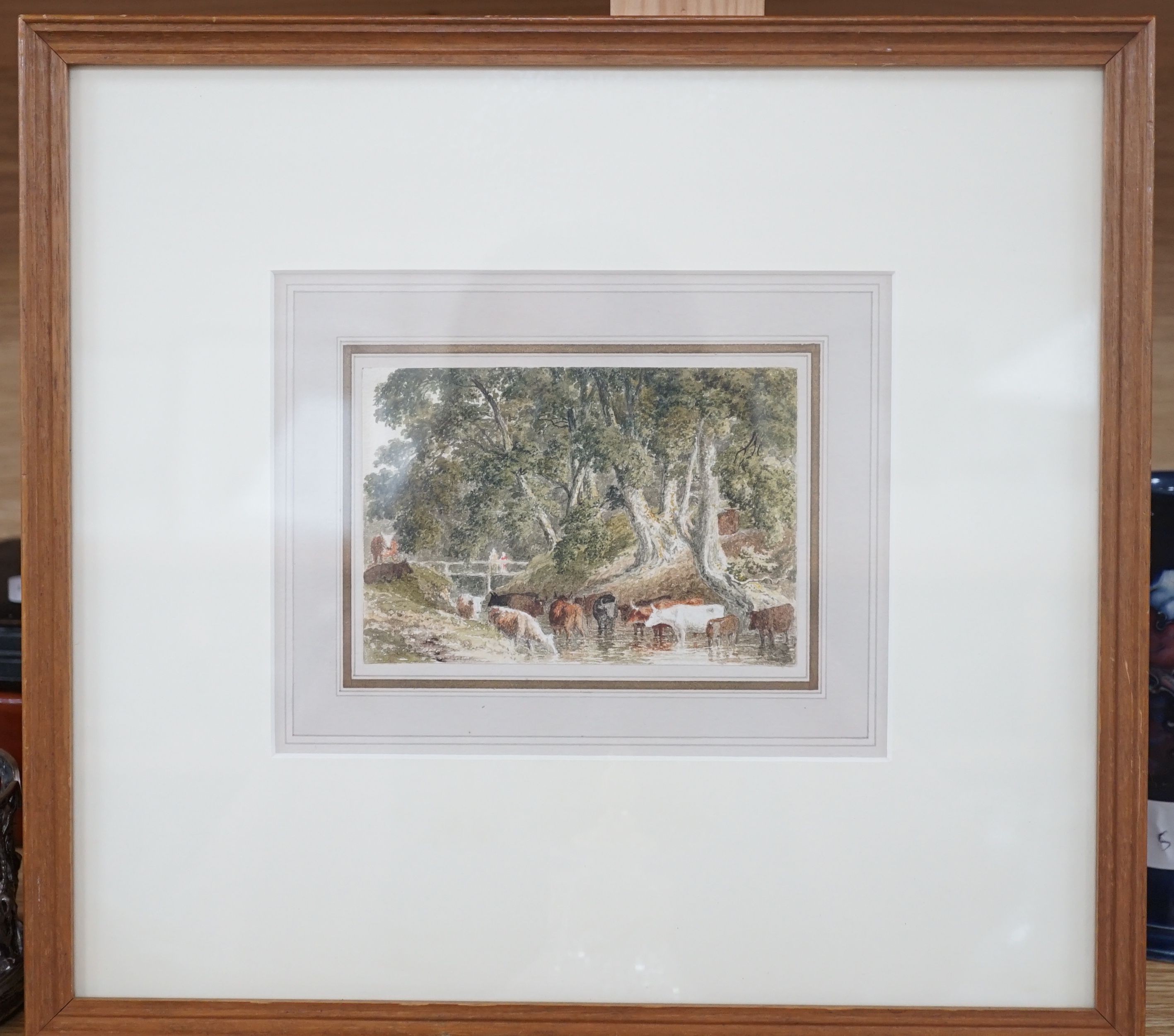 Robert Hills (1764-1844), watercolour, Cattle watering in a stream, 8.5 x 12.5cm